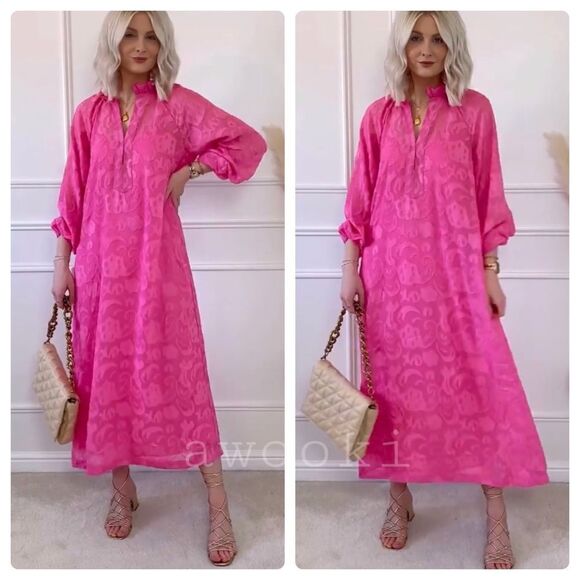 H&M Cerise Modest Dress Balloon Sleeves New Barbiecore Barbie Core - Picture 1 of 7